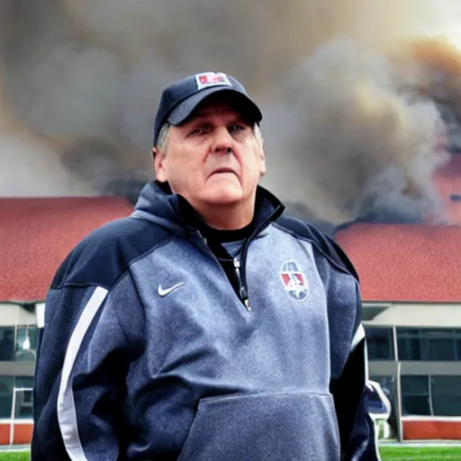 Prompt: a photo of a house burning down in the background and coach belichick with an blank expression in the foreground, strong depth of field