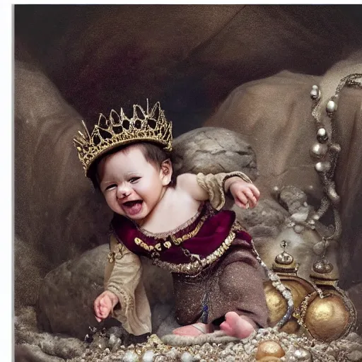 Image similar to a baby crawls away from a pile of jewels and toward a pile of coal in a throne room, detailed and realistic matte painting