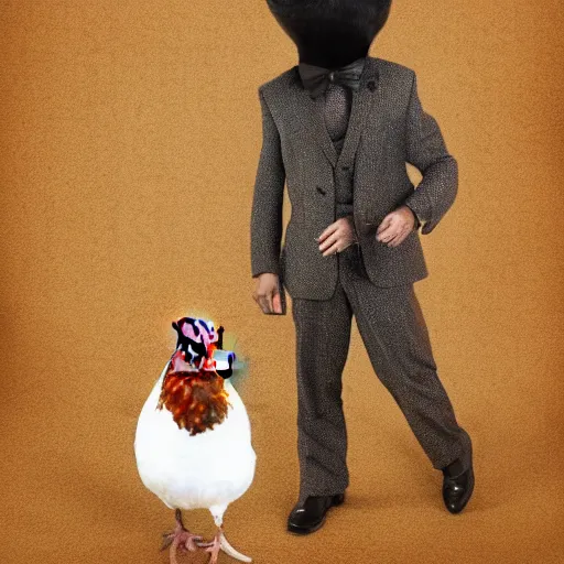 Image similar to a high quality photo of a chicken wearing a suit, 8k, digital art