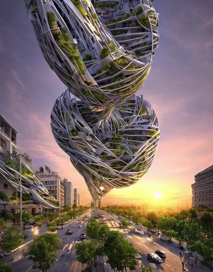 Image similar to vincent callebaut architectures, hyper realistic streetscapes stunning volumetric lighting sunset