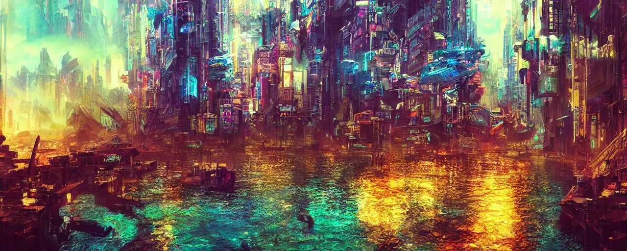 Image similar to dichroic ultra realistic illustration of beautiful ruination futuristic cyberpunk flooded kowloon, epic composition, accidental baroque golden ratio, by bill sienkiewicz. graffiti art, scifi, fantasy, hyper detailed. concept sketch. concept art. trending on artstation