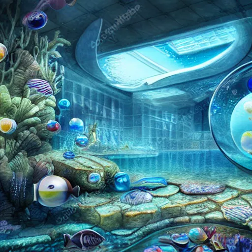 Prompt: underwater city scape, sci fi, hyper realistic, bubbles