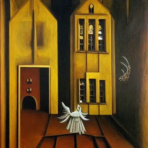 Image similar to an original painting by remedios varo, a building surrounded by angels