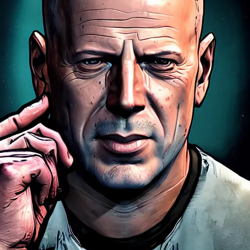 Prompt: bruce willis portrait, borderlands, tales from the borderlands, the wolf among us, comic, cinematic lighting, studio quality, 8 k