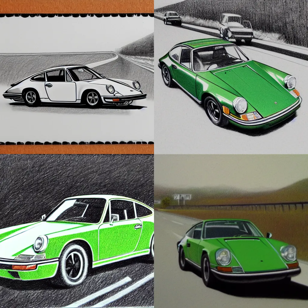 Prompt: detailed pencil sketch of 1970s green Signer 911 driving on highway three quarter view