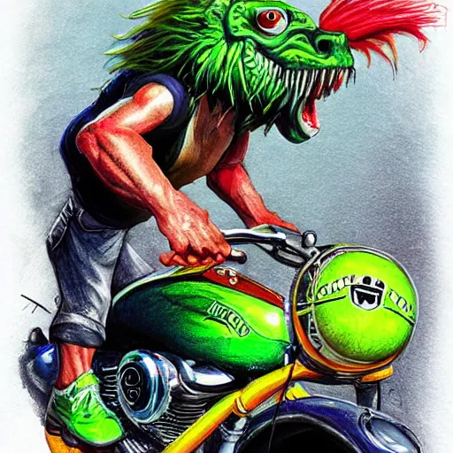 Prompt: a tennis ball monsteron a motorcyle harley davidson on a tennis court, digital art, fantasy, magic, chalk, trending on artstation, ultra detailed, professional illustration by basil gogos