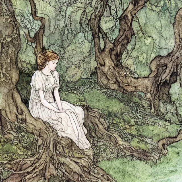 Prompt: a detailed, intricate watercolor and ink portrait illustration with fine lines, of a lovely, pretty, young alicia vikander with a detailed face in a dress sitting on the mossy ground reading under a gnarled tree, by arthur rackham and edmund dulac and ted nutall and mucha