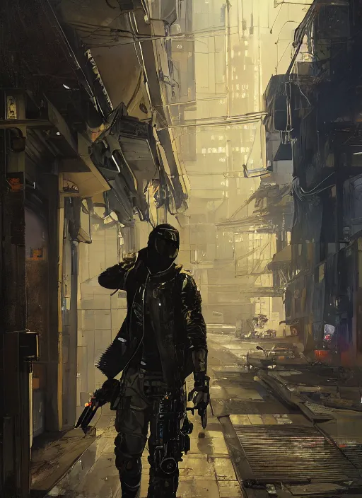 Image similar to Ezra. Cyberpunk mercenary in tactical gear scaling a security fence. rb6s, (Cyberpunk 2077), blade runner 2049, (matrix) Concept art by James Gurney, Craig Mullins and Alphonso Mucha. painting with Vivid color.