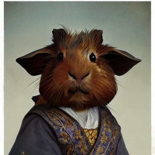 Image similar to A heraldic prince Guinea Pig with big cute eyes sitting up for a portrait photo, D&D, fantasy, intricate, cinematic lighting, highly detailed, digital painting, artstation, concept art, smooth, sharp focus, illustration, art by Akihiko Yoshida, Greg Rutkowski and Alphonse Mucha