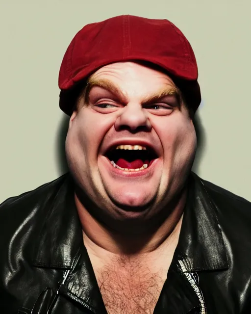 Prompt: headshot of a crazed smiling, mouth open, chris farley, he is wearing a leather bomber cap on his head, he is also wearing an a 2 flight jacket, a long white wool scarf is wrapped around his neck, he has a 5 o'clock shadow