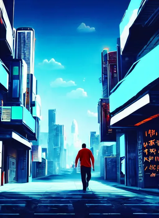 Prompt: a man walks happily down the street with his head on fire in a futuristic cyberpunk city, the sky is a turquoise blue with beautiful white fluffy clouds, hyper realism volumetric lighting