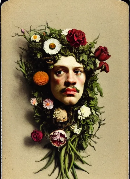 Prompt: beautiful and detailed rotten male made of plants and many types of stylized flowers like carnation, daisy, chrysanthemum, anemone, roses and tulips, intricate, surreal, john constable, gustave courbet, caravaggio, romero ressendi, bruno walpoth 1 9 1 0 polaroid photo