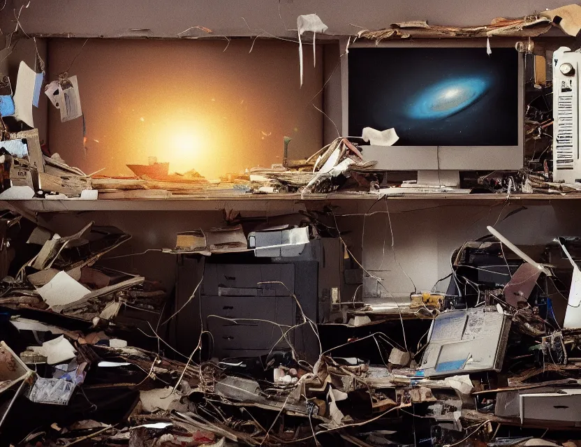Prompt: a high resolution photo of a sad man in a messy office room watching the collapse of the entire universe live stream on a vintage computer screen, storm, fire, earthquake, debris,