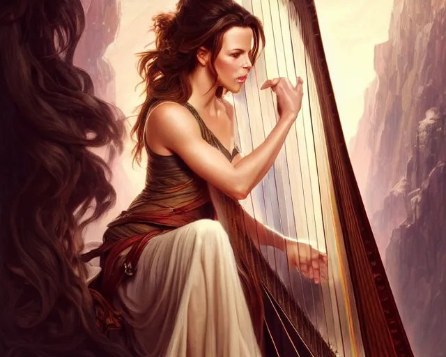 Image similar to photography of kate beckinsale with a harp singing 8 k, deep focus, d & d, fantasy, intricate, elegant, highly detailed, digital painting, artstation, concept art, matte, sharp focus, illustration, hearthstone, art by artgerm and greg rutkowski and alphonse mucha