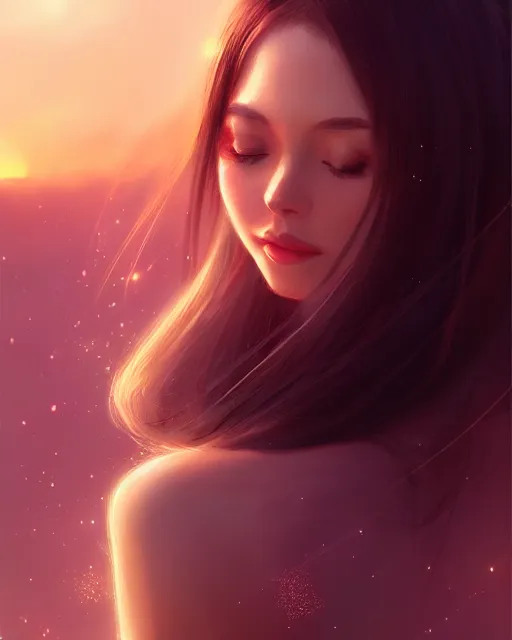 Image similar to Portrait of an elegant woman in a warm glowing scenery, sunset, fantasy, anime, intricate sparkling atmosphere, artstation, wlop, artgerm