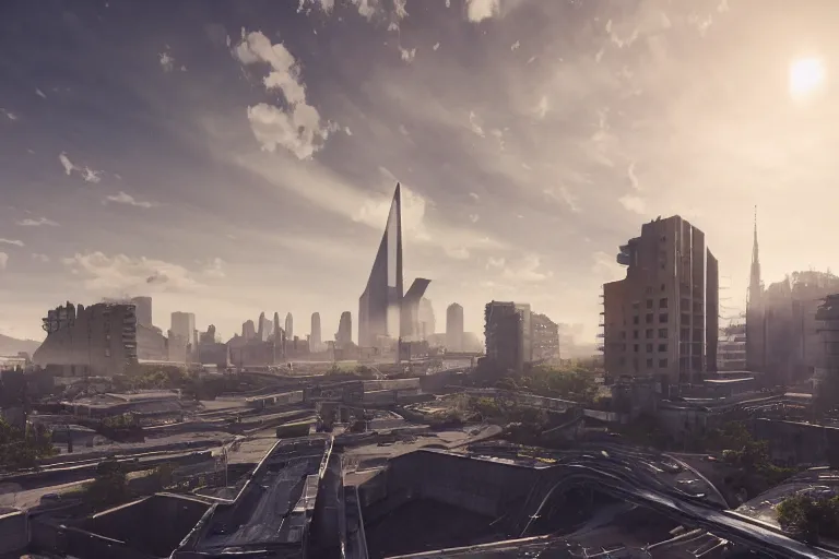 Image similar to streetscape, a towering cathedral of brutalist architecture, buildings covered with greebles, stunning volumetric light, sunset, metal, concrete and translucent material, stunning skies, majestic landscape, trending on Artstation, 8k, photorealistic, hyper detailed, unreal engine 5, IMAX quality, cinematic, epic lighting, in the style of Greg Rutkowski