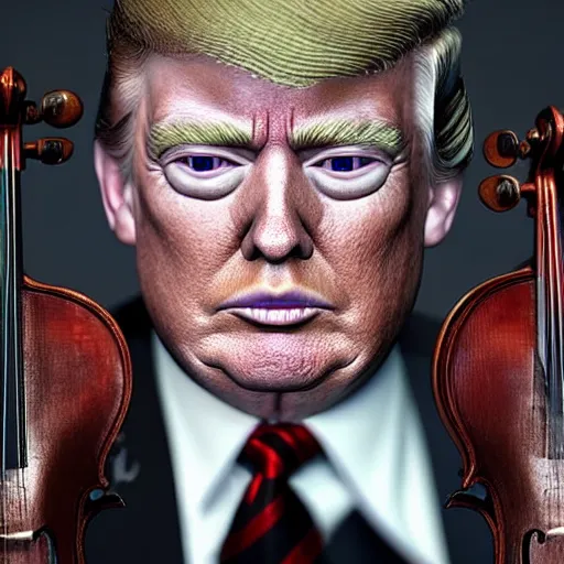 Prompt: donald trump as violin player full body detailed, ethereal, cyborg biomechanics, covered in blood diamonds and other gems glowing, highly detailed face, evil posed, evil expression, intricate, extremy detailed, beeple, cgsociety, 3 d unreal engine octane render. cinematic lighting, highly detailed 4 k art