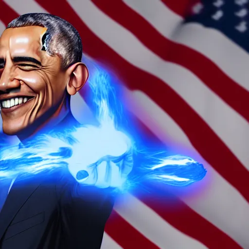 Prompt: Obama is buffed has a blue realistic VFX fire engulfing his hand, Obama is smiling and running towards the viewer, 40nm lens, 4k,