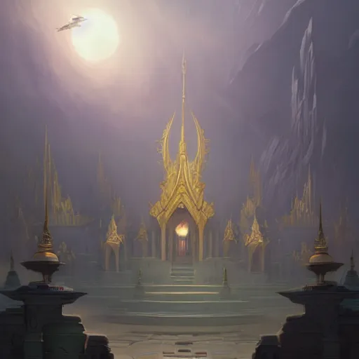 Prompt: grand palace temple for leader of galactic empire by peter mohrbacher, matte painting, 8K, concept art, mystical color scheme, trending on artstation