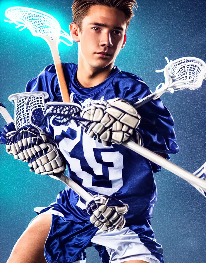 Image similar to closeup portrait of very beautiful cute male lacrosse player in a penn state stadium, glamour pose, particle effects, backlit, highly detailed, soft ambient lighting, sharp focus, rule of thirds, artgerm, wlop, arney freytag, rossdraws, frank frazetta, andrei riabovitchev, hd, octane, 4 k