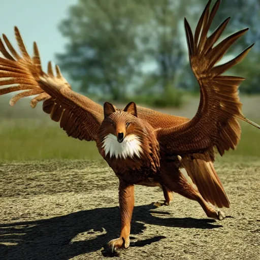 Image similar to Four eagles chasing a fox in a park, photorealistic, unreal engine