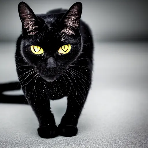 a picture of an angry black fuzzy cat with yellow