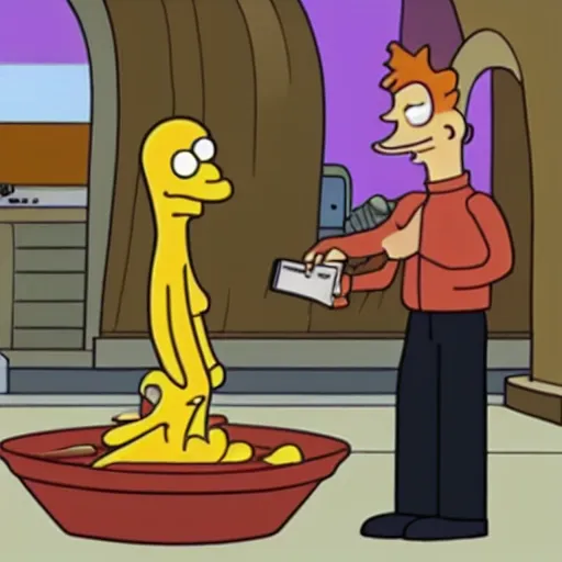 Prompt: Fry from the show Futurama stealing an old man’s money. Still from the television show Futurama.