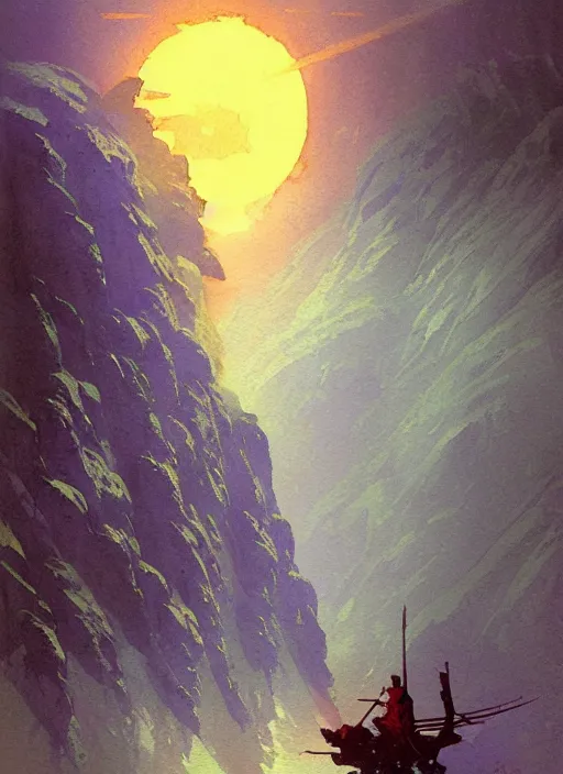 Prompt: vintage anime cinematic robot warrior emerging from moonlit lush cave mountain by Ivan Aivazovsky, watercolor concept art by Syd Mead, by william herbert dunton, watercolor strokes, japanese woodblock, by Jean Giraud