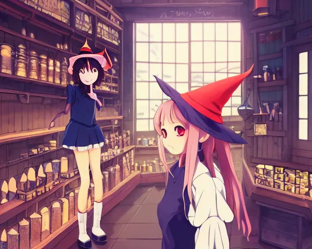 Prompt: anime visual, portrait of a young female traveler wearing a witch hat in a alchemist's potion shop interior, cute face by yoh yoshinari, katsura masakazu, cinematic luts, cold colors, dynamic pose, dynamic perspective, strong silhouette, anime cels, ilya kuvshinov, crisp and sharp, rounded eyes, moody