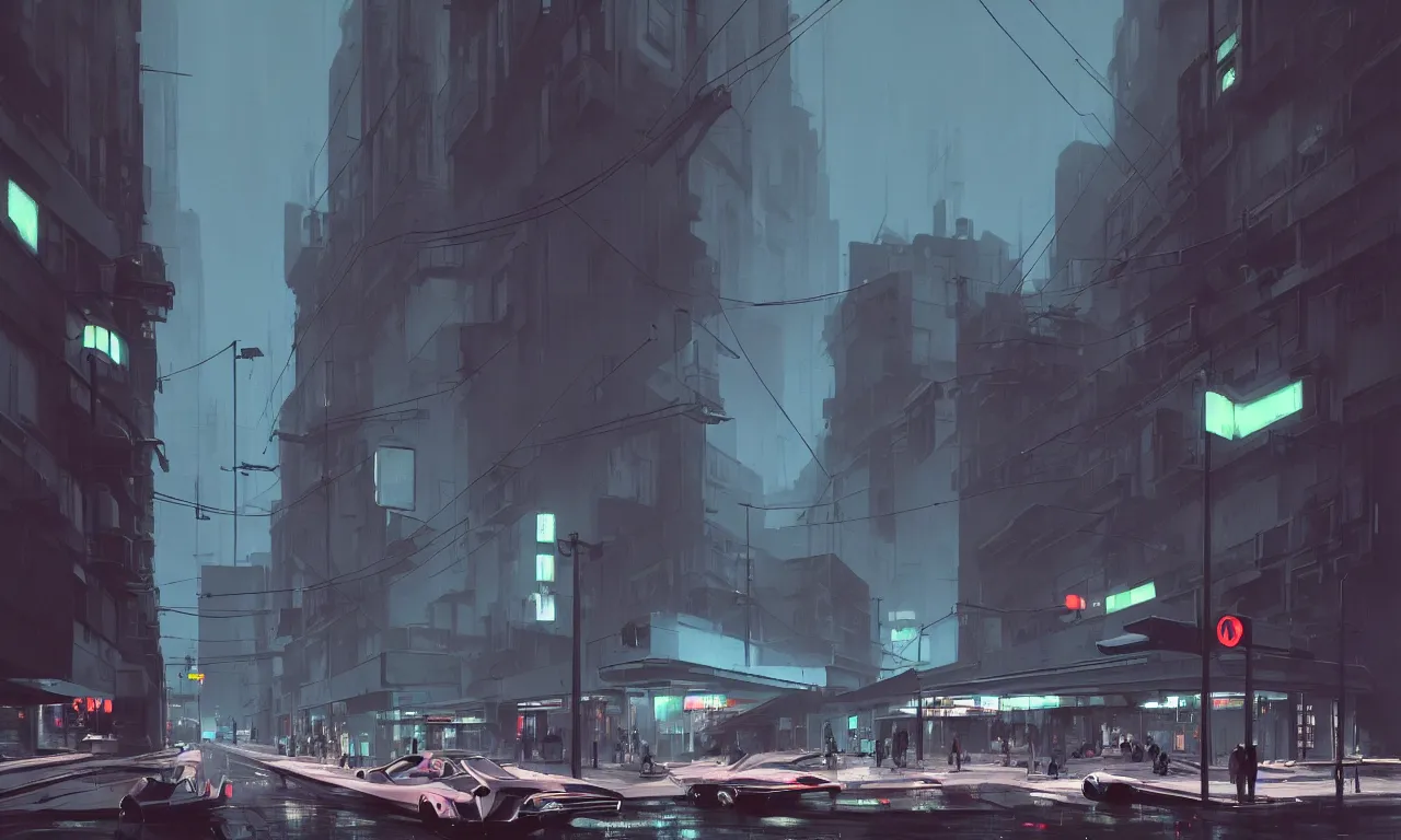 Image similar to photorealistic streetscape, simple brutalist architecture, metal, concrete, wet streets, white neon lights, neon signs, flying vehicles, pedestrians, greg rutkowski, syd mead, ralph mcquarrie, concept art, matte painting, finely detailed, minimal artifacts, rule of thirds, dynamic lighting, cinematic, denoised, centered, artstation