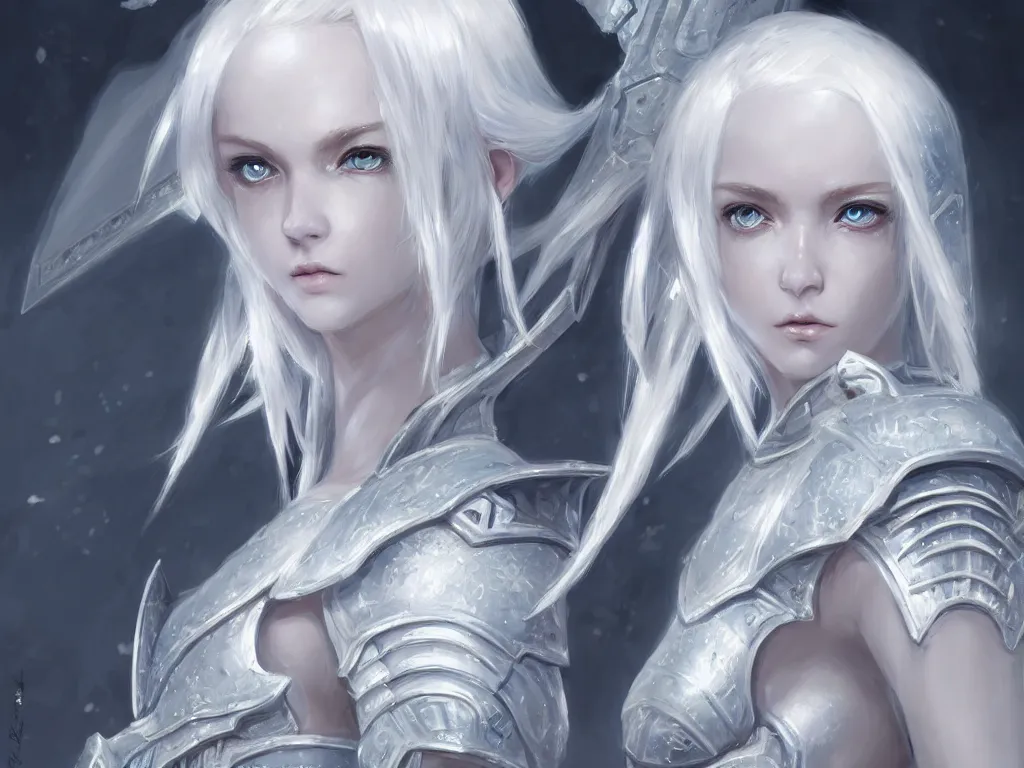 Image similar to studio portrait white hair knights of zodiac girl, matt white ice color armor, in ruined agora of athens sunrise, ssci - fi and fantasy, intricate and very beautiful and elegant,, ultrafine hyperrealistic details, digital painting, artstation, concept art, smooth and sharp focus, illustration, art by ayanamikodon and wlop and tian zi