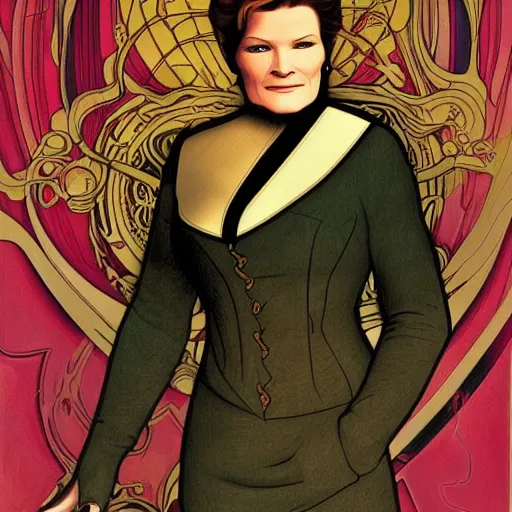 Image similar to star trek Captain Kathryn Janeway art nouveau, amazing details, intricate details ,insane details , in the style of Alphonse Mucha,