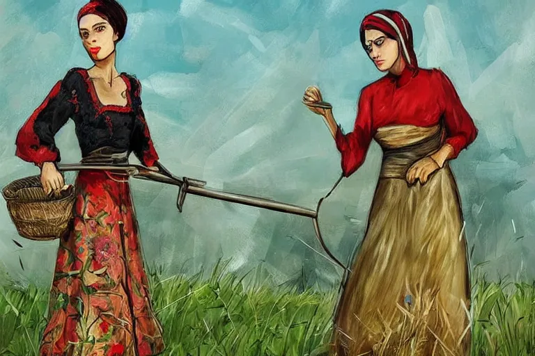 Image similar to concept art romanian woman with scythe, mowing of the hay, drmatic ligthing, traditional romanian clothes, artdtation beautiful