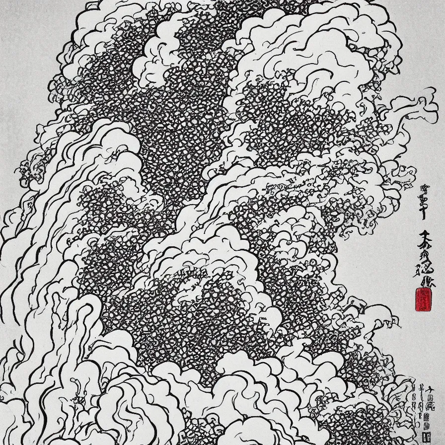 Image similar to japanese black and white lineart of an erupting volcano, hokusai style