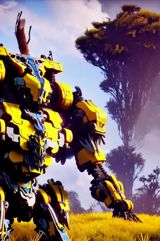 Image similar to a cinematic still from horizon zero dawn, yellow humanoid, yellow bumblebee mech, decepticon armor plating, octane render, nvidia raytracing demo, masterpiece, aged armor plating, aggressive head,