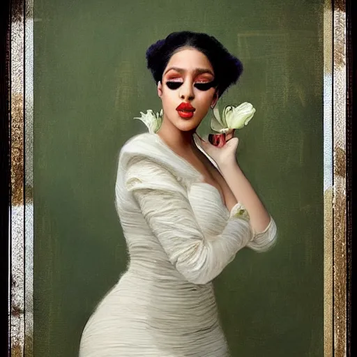 Image similar to happy very thick paint brush strokes paint texture full body fashion model cardi b by Jeremy Lipking by Hasui Kawase by Richard Schmid (((smokey eyes makeup eye shadow fantasy, glow, shimmer as victorian woman in a long white frilly lace dress and a large white hat having tea in a sunroom filled with flowers, roses and lush fern flowers ,intricate, night, highly detailed, dramatic lighting))) , high quality