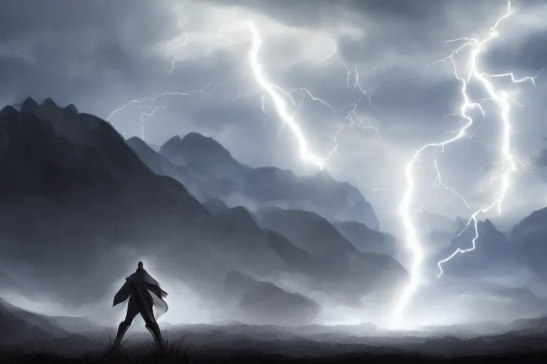Image similar to thunder man, storm, white robe, light spell, mountains, environment, artstation