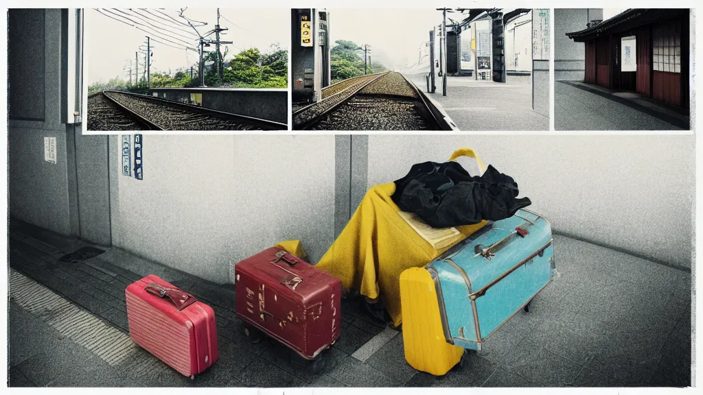 Prompt: an explorer's luggage on the train platform, rural japan, a collage painting, in the style of wes anderson, lola dupre, david hockney, isolated on negative white space background dark monochrome neon spraypaint accents volumetric octane render