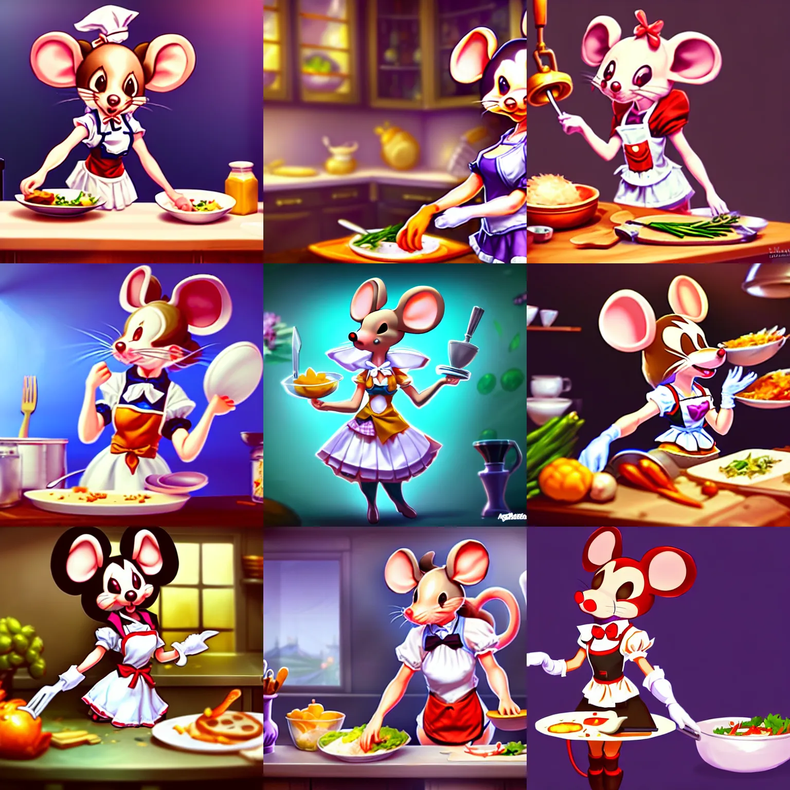 Prompt: a cute anthropomorphic mouse girl maid preparing dinner in the kitchen. league of legends splash art