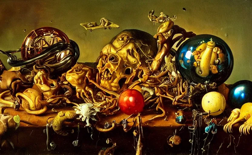 Image similar to disturbing colorful oil painting dutch golden age vanitas still life with bizarre objects strange gooey surfaces shiny metal bizarre insects rachel ruysch dali todd schorr very detailed perfect composition rule of thirds masterpiece canon 5 0 mm, cinematic lighting, photography, retro, film, kodachrome