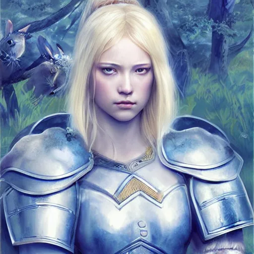 Image similar to young blonde female warrior in heavy blue and white armor, very beautiful and proportional face, surrounded by rabbits and exotic creatures, epic wallpaper, wide shot, high fantasy, flowers and trees, intricate detail, digital painting, artstation, concept art, smooth, sharp focus, illustration, art by monia merlo and wlop and artgerm and craig mullins