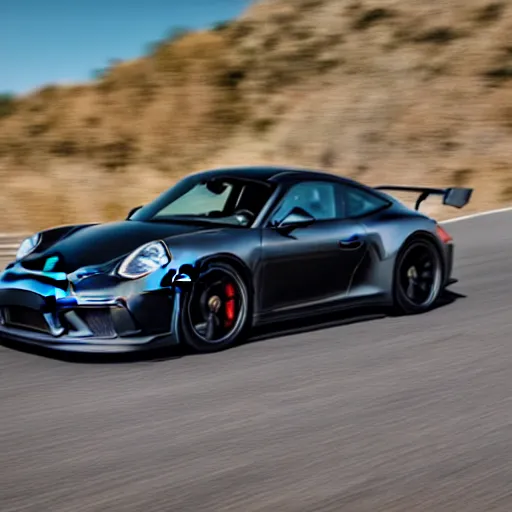 Image similar to a black 2 0 2 1 porsche 9 1 1 gt 3 driving on a windy road, action photo, 4 k