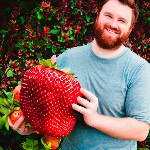 Prompt: a beardless man with curly auburn hair, smiling, holding a giant strawberry, portrait, highly detailed, realistic photography, soft focus, natural lighting