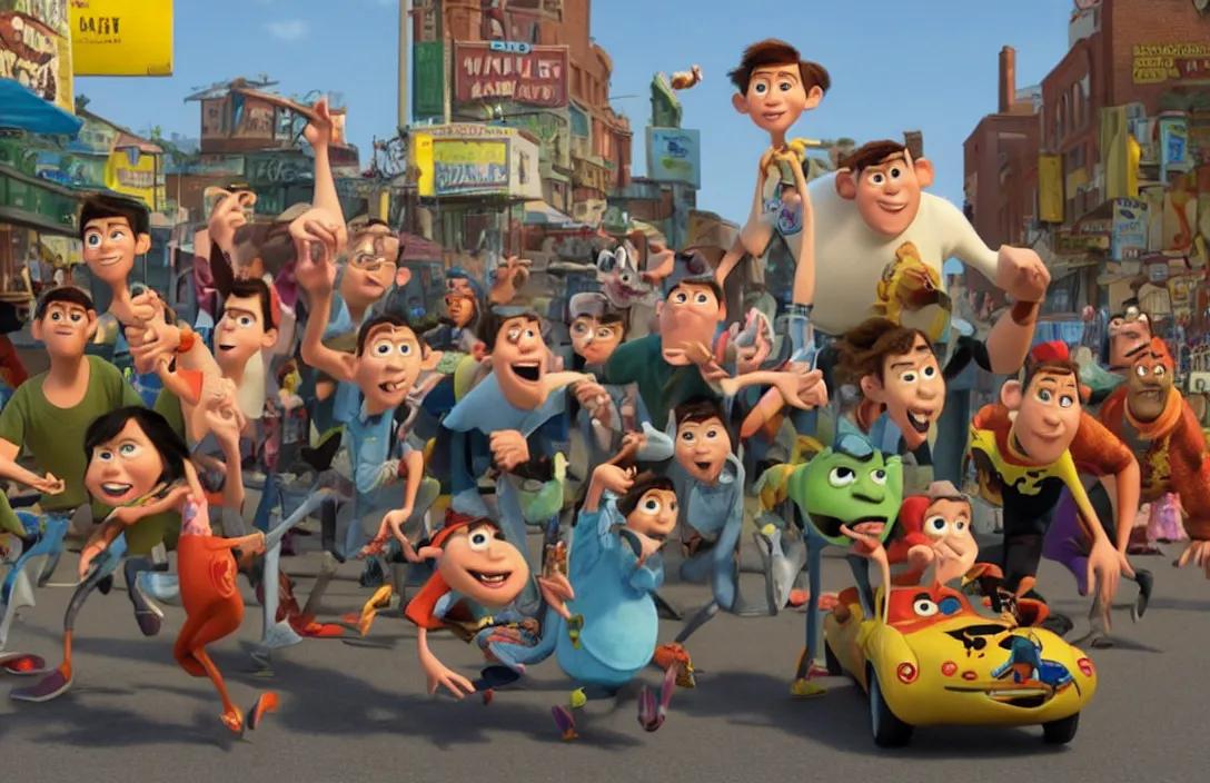 Image similar to pixar movie about kids violently robbing stores, 3 d animation, pixar style, disney, movie still frame