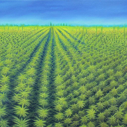 Image similar to vast garden of marijuana reaching to the horizon, painting