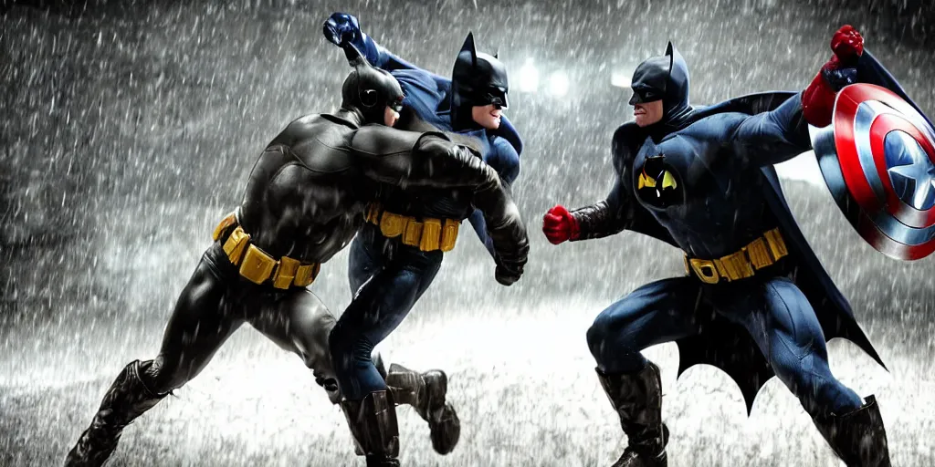 Prompt: a mid shot of batman fighting captain america in hand to hand combat, realistic, raining