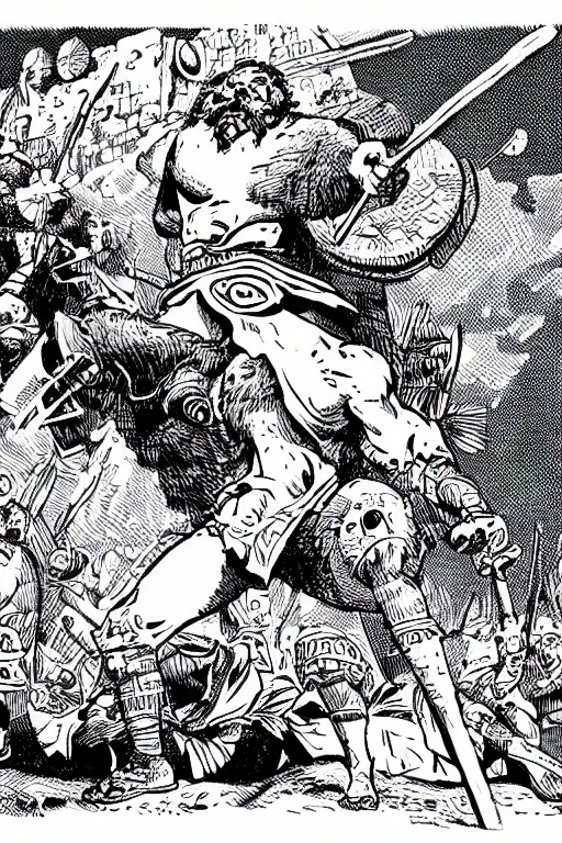 Image similar to ancient historically accurate depiction of the Bible Character Goliath of Gath, the Philistine warrior giant by mcbess