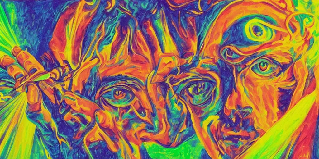 Prompt: a psychedelic surreal painting of a man removing a nail made of energy from his third eye