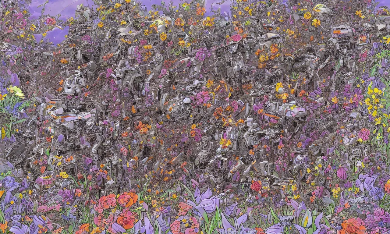 Image similar to a battle mech war in a mystical field of flowers, detailed line drawing, intricate, hd, digital art, complementing colors, detailed, illustration painting by alex gray, digital art, moebius