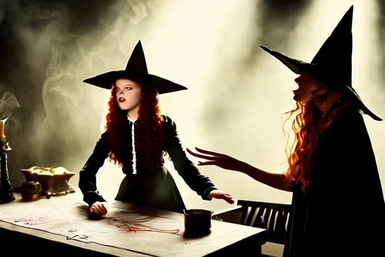 Prompt: close up portrait, dramatic lighting, teen witch casting a spell over a large open book on a table with dynamic action, cat on the table in front of her, sage smoke, a witch hat cloak, apothecary shelves in the background, still from tim burton movie,